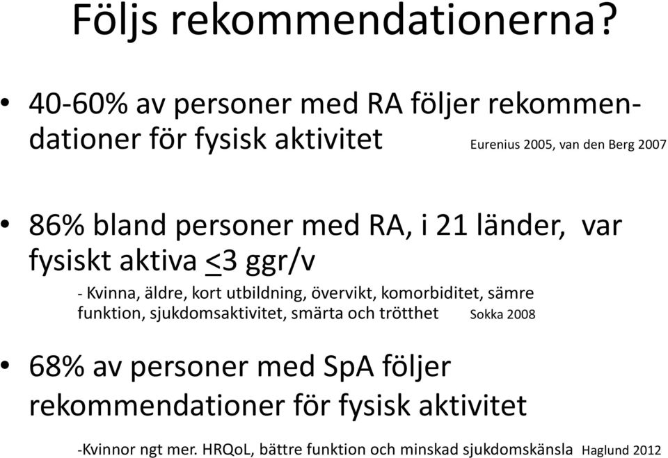 personer med RA, i 21 länder, var fysiskt aktiva <3 ggr/v - Kvinna, äldre, kort utbildning, övervikt, komorbiditet,