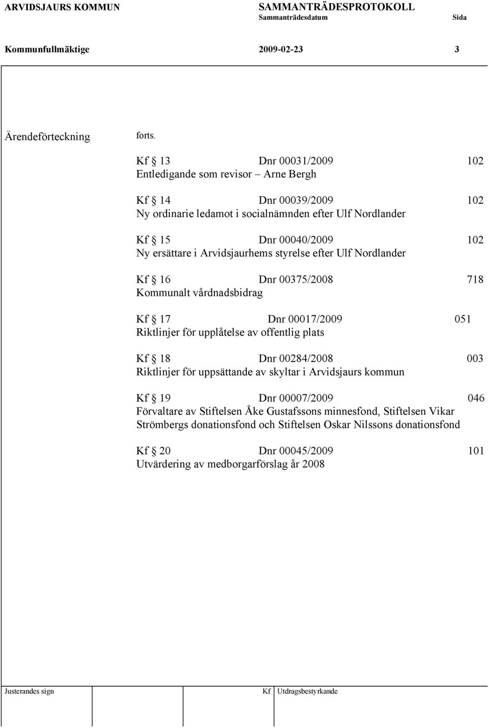 Arvidsjaurhems styrelse efter Ulf Nordlander Kf 16 Dnr 00375/2008 718 Kommunalt vårdnadsbidrag Kf 17 Dnr 00017/2009 051 Riktlinjer för upplåtelse av offentlig plats Kf 18 Dnr 00284/2008