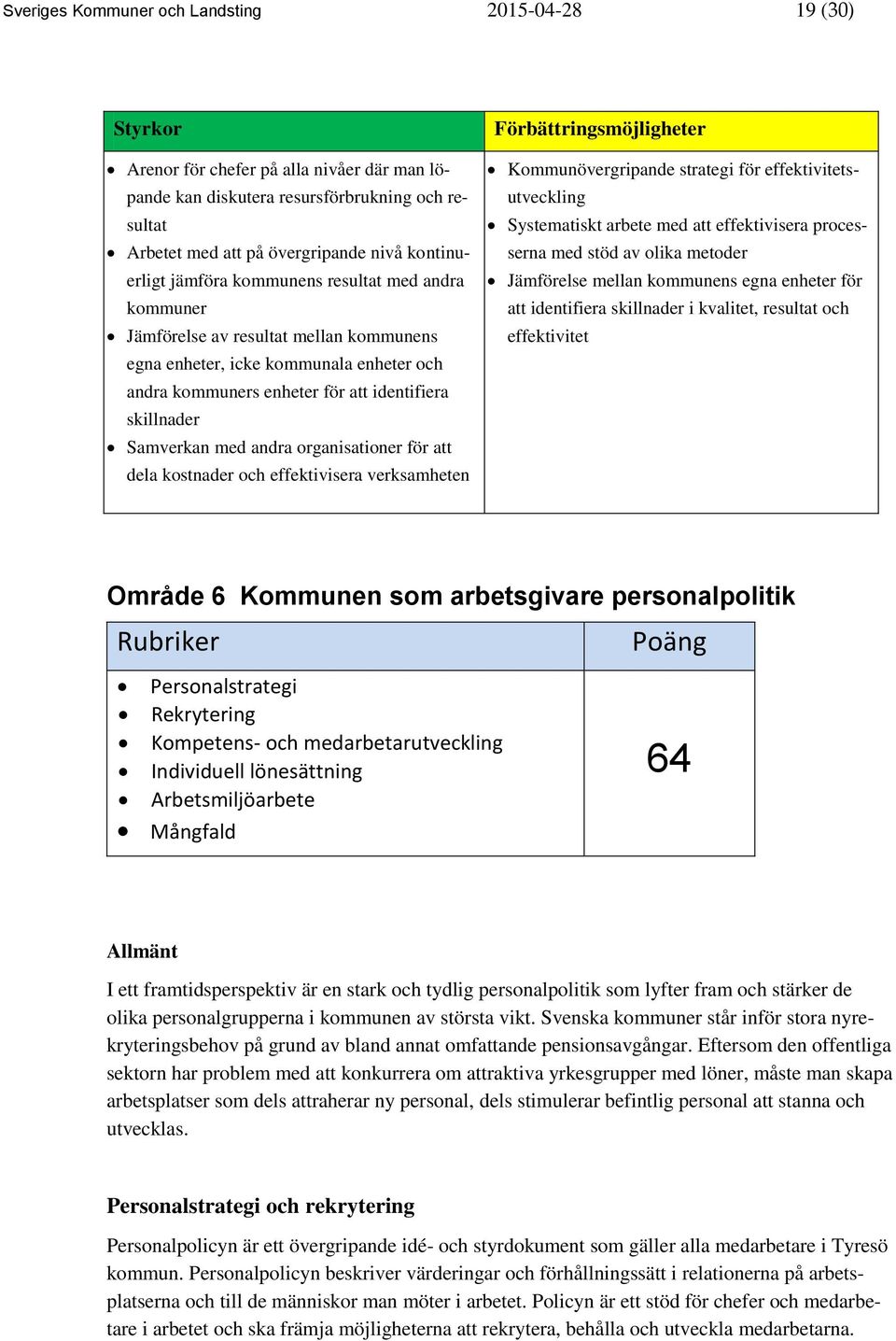 Samverkan med andra organisationer för att dela kostnader och effektivisera verksamheten Förbättringsmöjligheter Kommunövergripande strategi för effektivitetsutveckling Systematiskt arbete med att