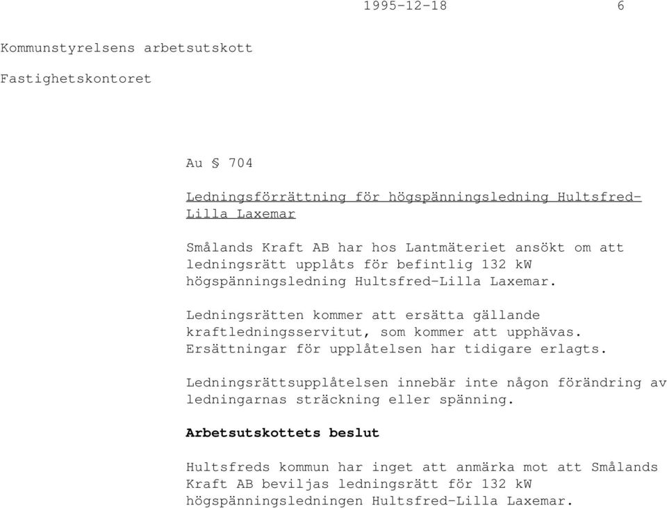 Ledningsrätten kommer att ersätta gällande kraftledningsservitut, som kommer att upphävas. Ersättningar för upplåtelsen har tidigare erlagts.