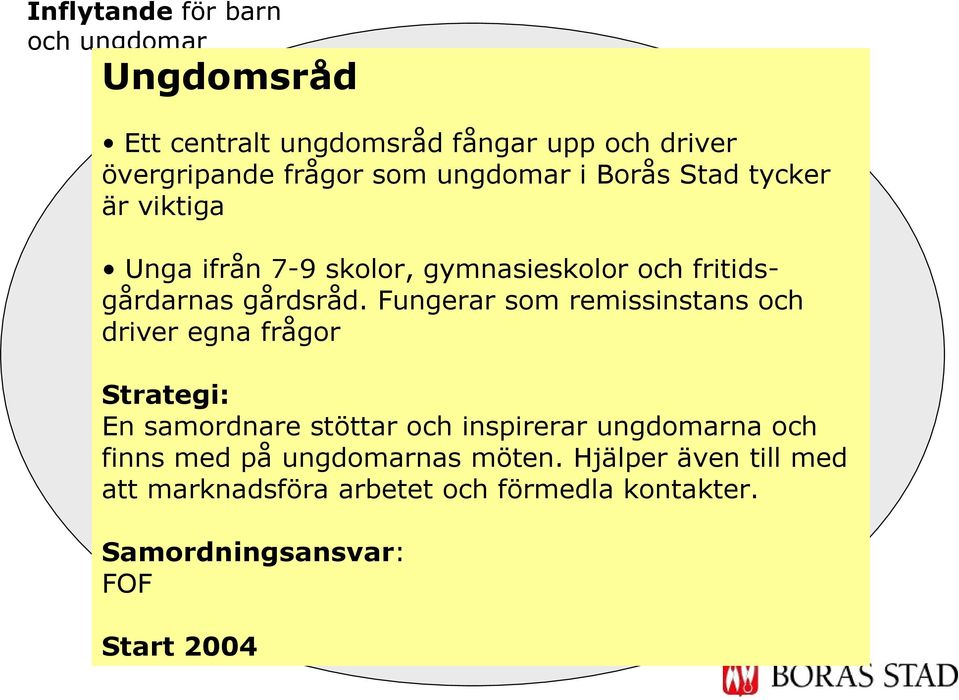 Fungerar som remissinstans och driver egna frågor Ett centralt Ungdoms-ungdomsråråd frågor som ungdomar i Borås Stad