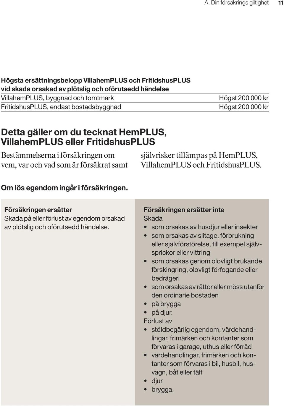 självrisker tillämpas på HemPLUS, VillahemPLUS och FritidshusPLUS. Om lös egendom ingår i försäkringen. Skada på eller förlust av egendom orsakad av plötslig och oförutsedd händelse.