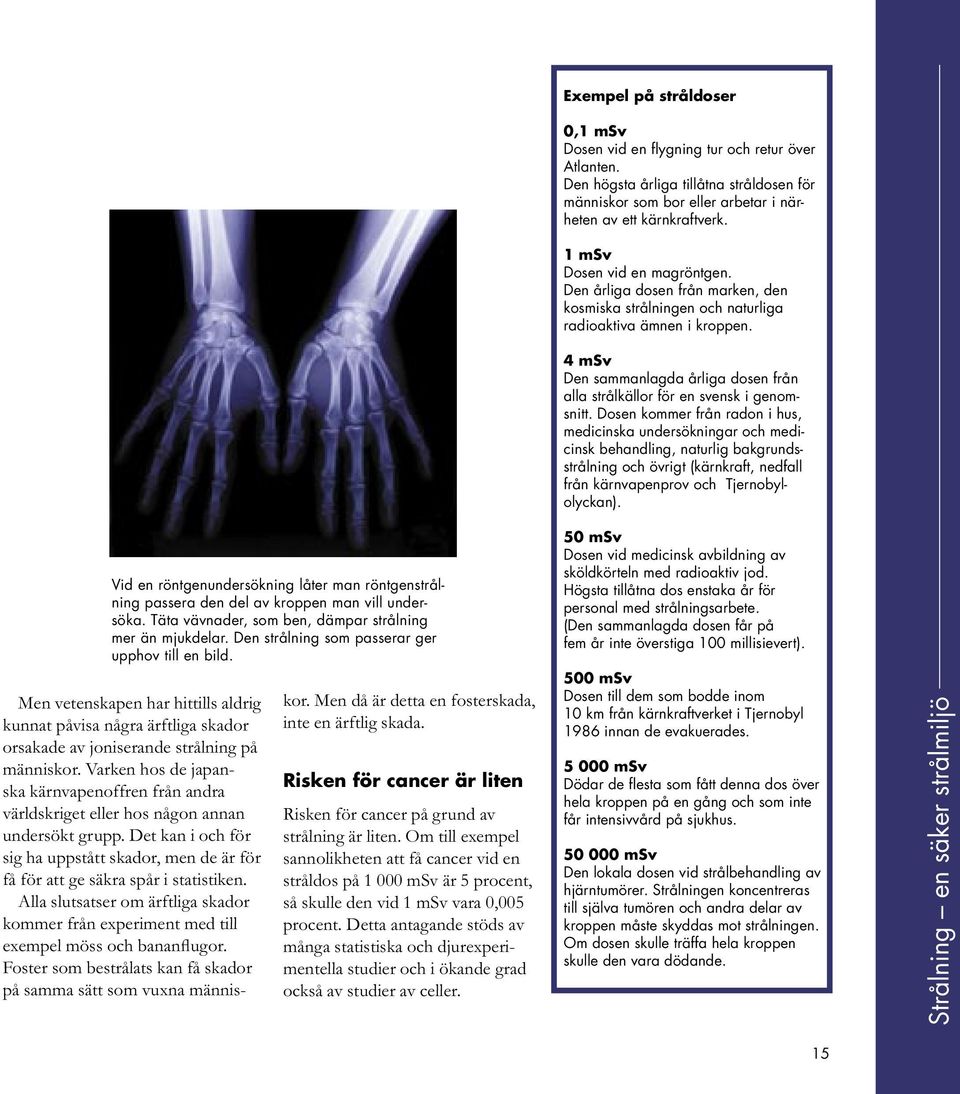 4 msv Den sammanlagda årliga dosen från alla strålkällor för en svensk i genomsnitt.