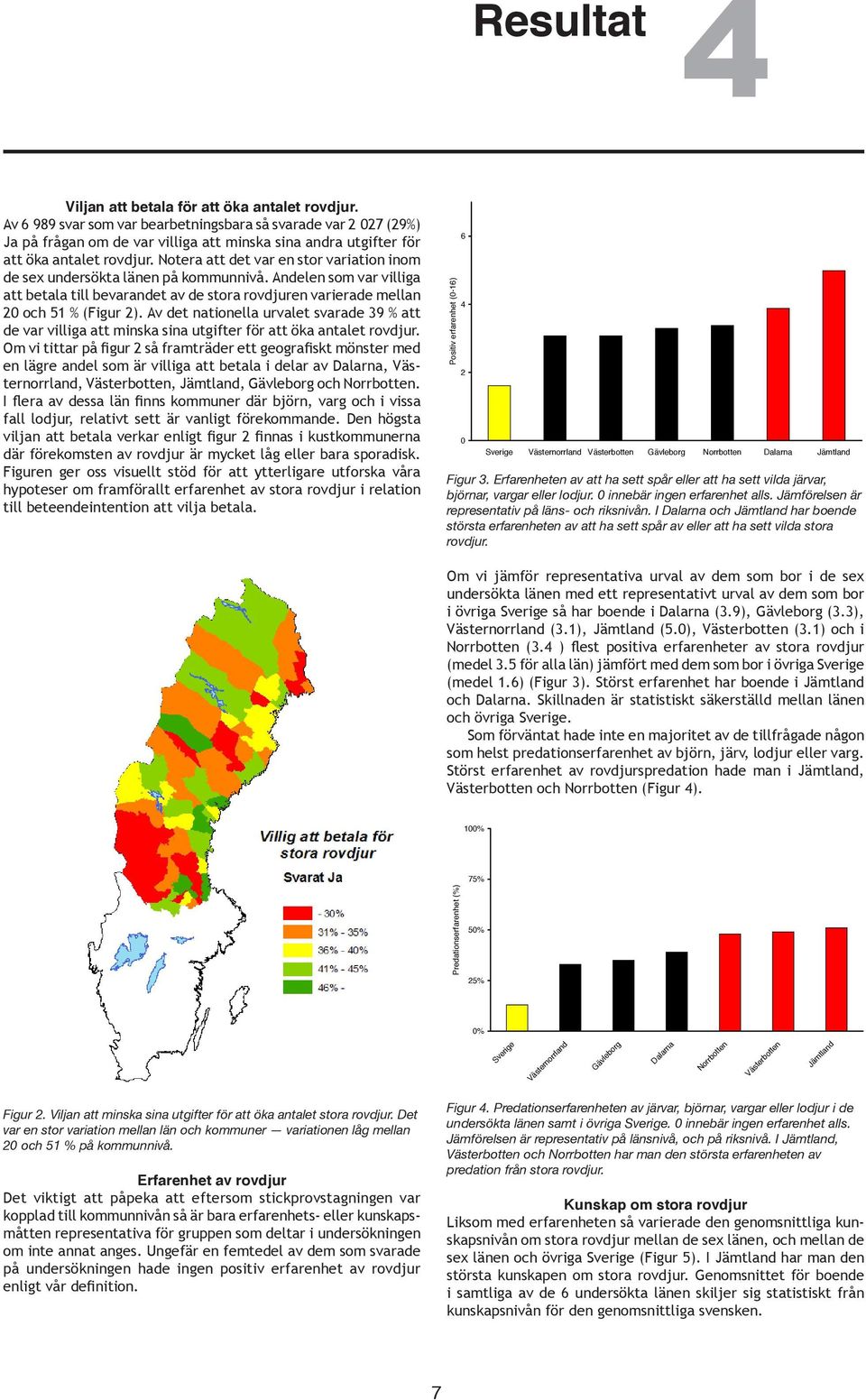 Notera att det var en stor variation inom de sex undersökta länen på kommunnivå. Andelen som var villiga att betala till bevarandet av de stora rovdjuren varierade mellan 20 och 51 % (Figur 2).