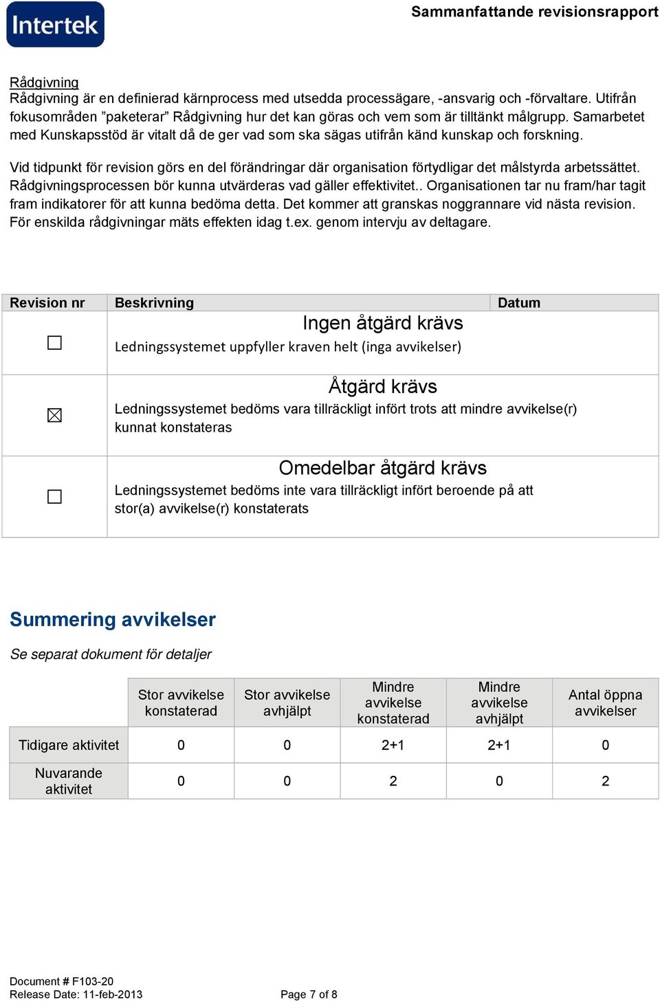 Vid tidpunkt för revision görs en del förändringar där organisation förtydligar det målstyrda arbetssättet. Rådgivningsprocessen bör kunna utvärderas vad gäller effektivitet.