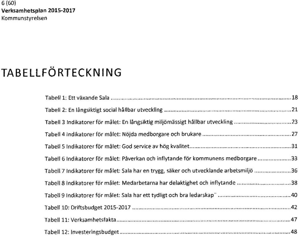 . Tabell 5 Indikatorer för målet: God service av hög kvalitet...... 18... 21.... 23.... 27... 31 Tabell 6 Indikatorer för målet: Påverkan och inflytande för kommunens medborgare 0.