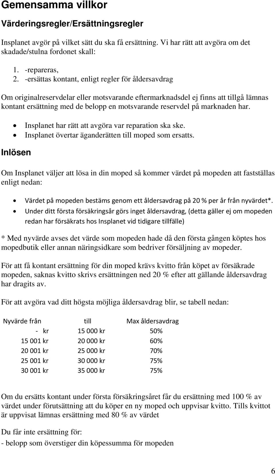 marknaden har. Insplanet har rätt att avgöra var reparation ska ske. Insplanet övertar äganderätten till moped som ersatts.