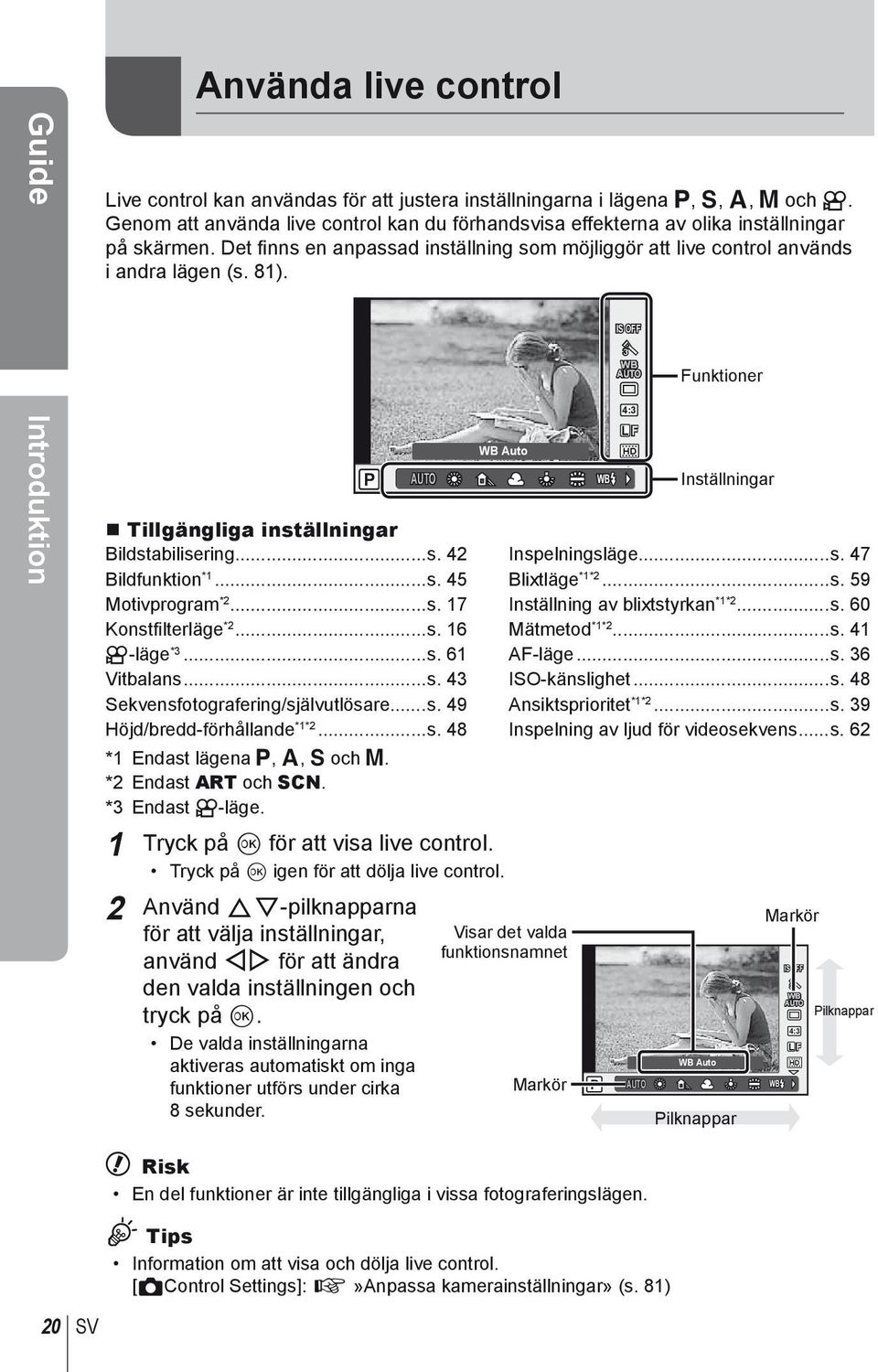 P AUTO Tillgängliga inställningar Bildstabilisering...s. 42 Bildfunktion *1...s. 45 Motivprogram *2...s. 17 Konstfi lterläge *2...s. 16 n-läge *3...s. 61 Vitbalans...s. 43 Sekvensfotografering/självutlösare.