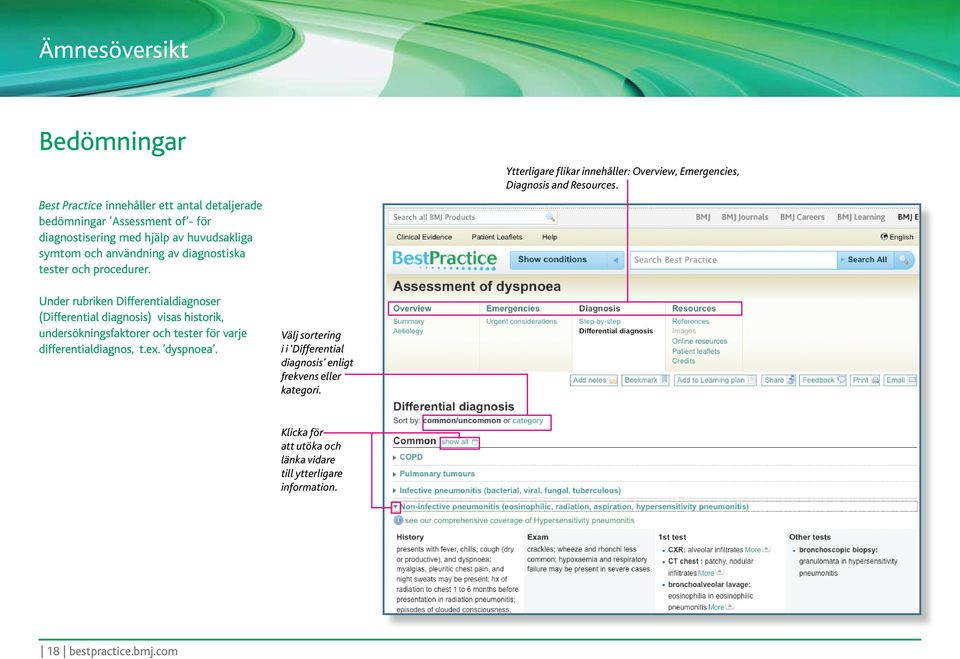 Under rubriken Differentialdiagnoser (Differential diagnosis) visas historik, undersökningsfaktorer och tester för varje differentialdiagnos, t.ex.