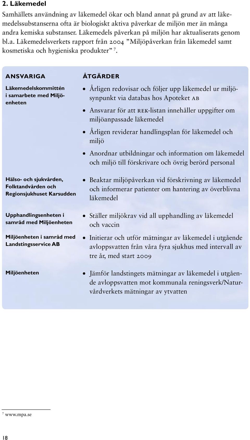 Ansvariga Läkemedelskommittén i samarbete med Miljöenheten Hälso- och sjukvården, Folktandvården och Regionsjukhuset Karsudden Upphandlingsenheten i samråd med Miljöenheten Miljöenheten i samråd med