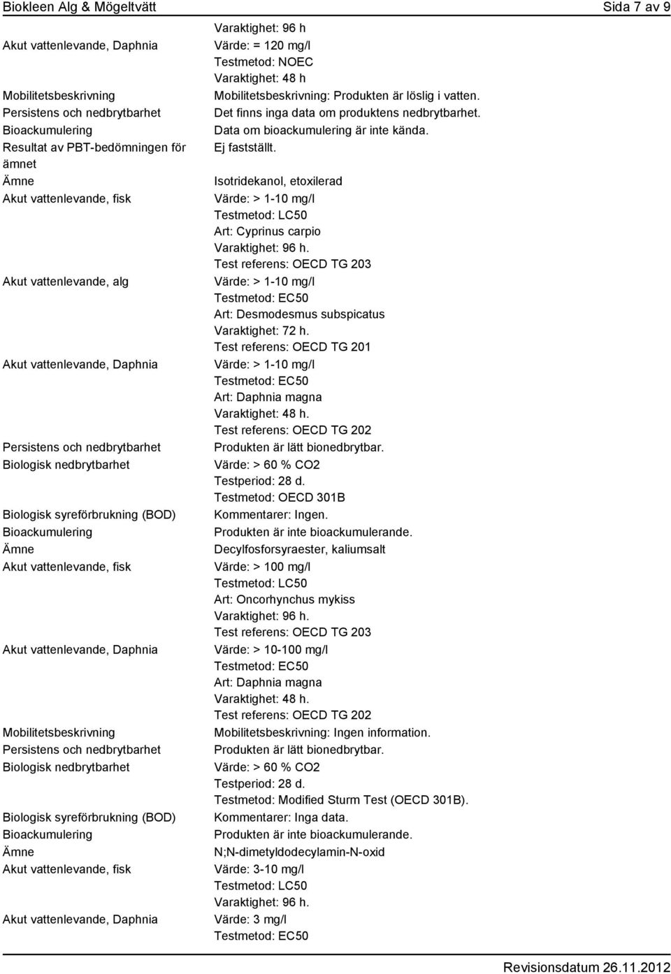 Det finns inga data om produktens nedbrytbarhet. Data om bioackumulering är inte kända. Isotridekanol, etoxilerad Värde: > 1-10 mg/l Testmetod: LC50 Art: Cyprinus carpio Varaktighet: 96 h.