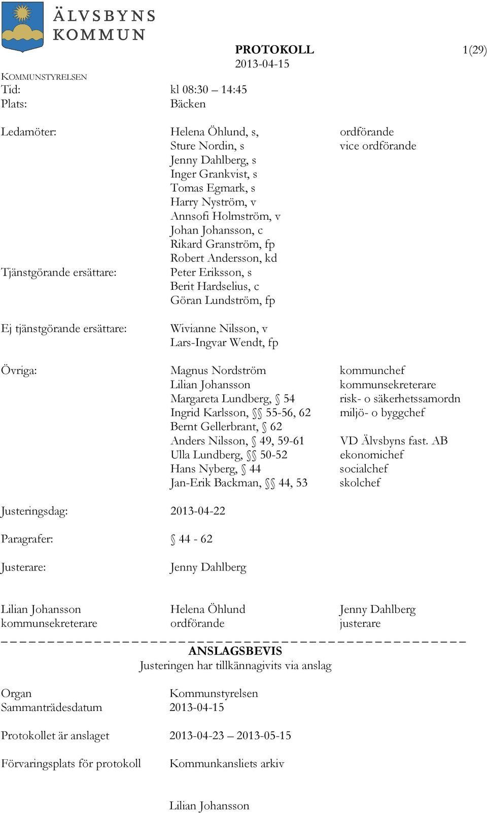 Nilsson, v Lars-Ingvar Wendt, fp Övriga: Magnus Nordström kommunchef Lilian Johansson kommunsekreterare Margareta Lundberg, 54 risk- o säkerhetssamordn Ingrid Karlsson, 55-56, 62 miljö- o byggchef