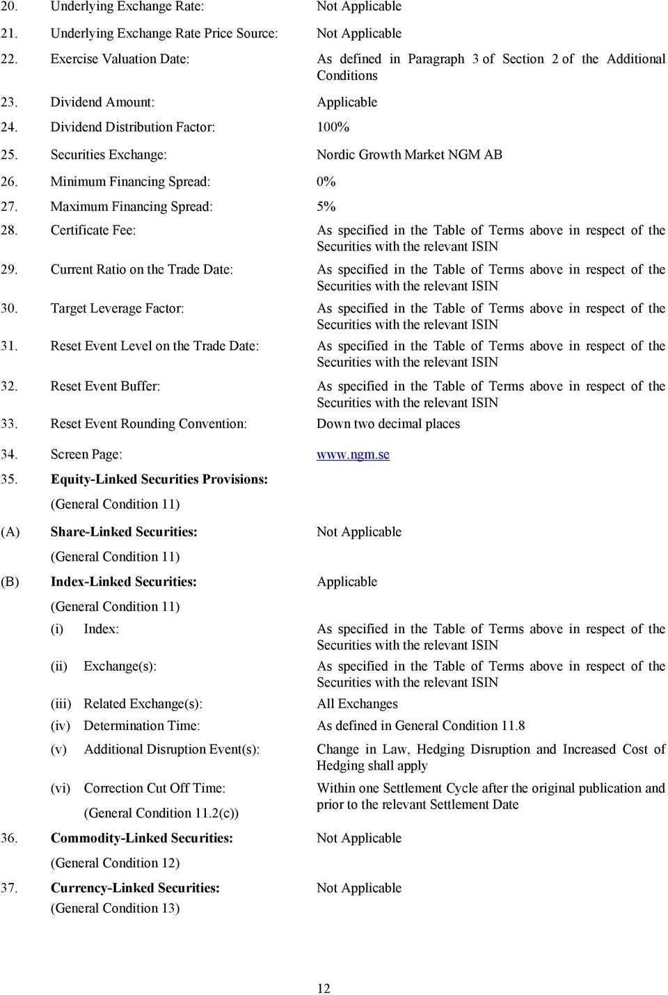 Dividend Amount: Applicable 24. Dividend Distribution Factor: 100% 25. 26. Securities Exchange: Minimum Financing Spread: Nordic Growth Market NGM AB 0% 27. 28.