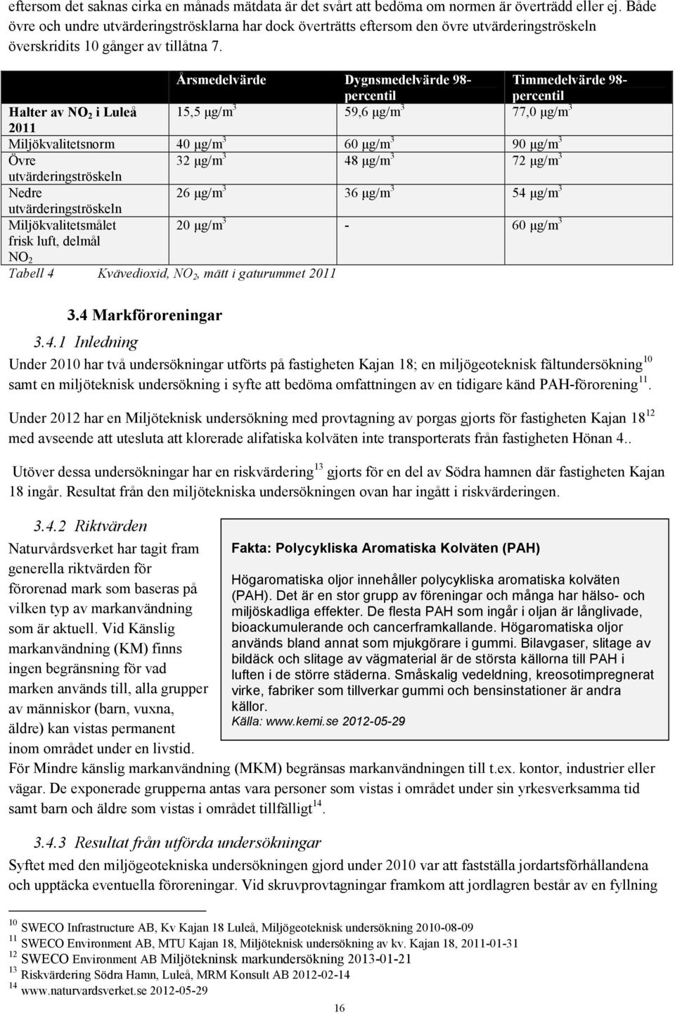 Årsmedelvärde Dygnsmedelvärde 98- percentil Timmedelvärde 98- percentil Halter av NO 2 i Luleå 15,5 µg/m 3 59,6 µg/m 3 77,0 µg/m 3 2011 Miljökvalitetsnorm 40 µg/m 3 60 µg/m 3 90 µg/m 3 Övre 32 µg/m 3