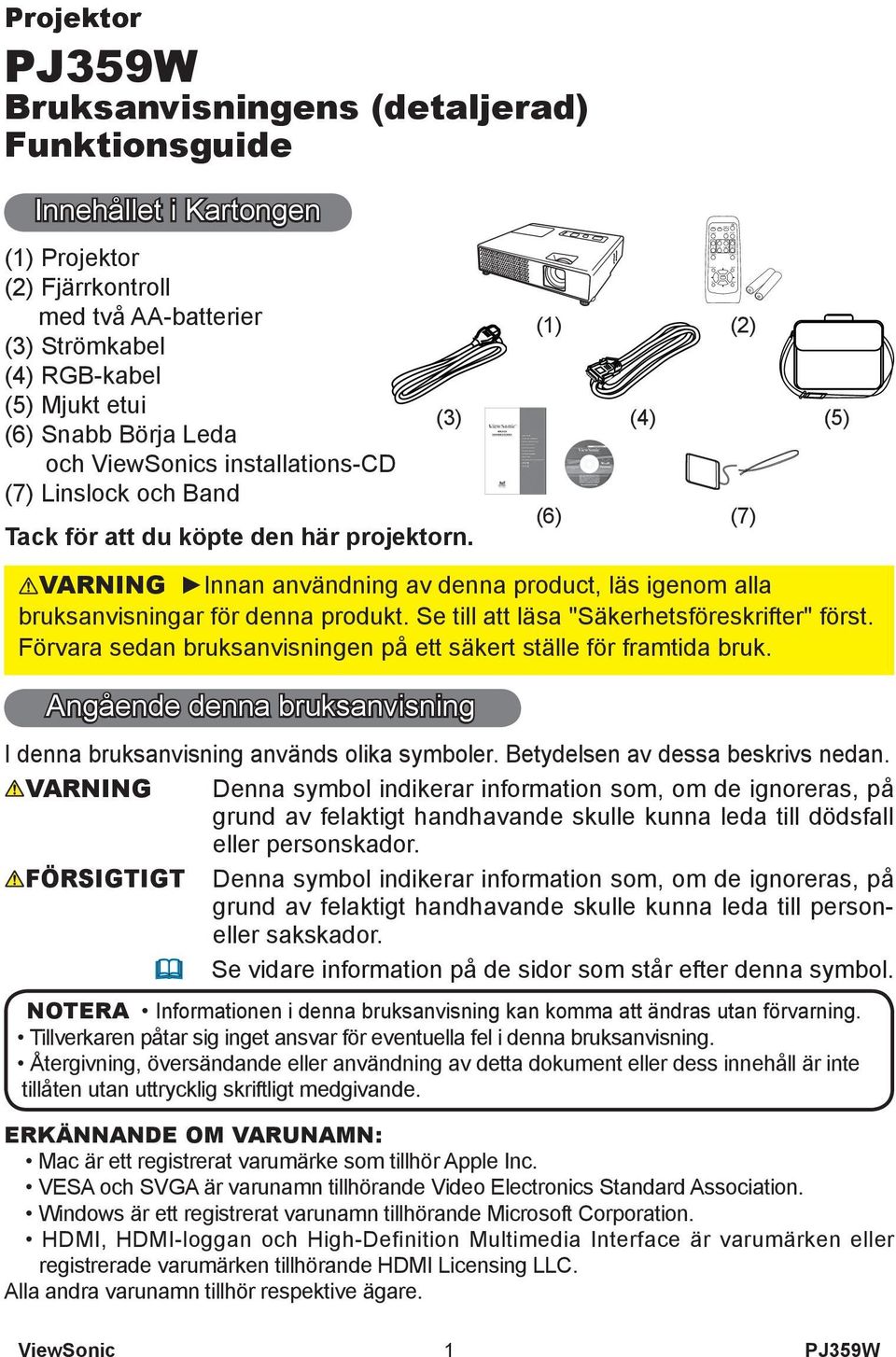 för att du köpte den här projektorn. VARNING Innan användning av denna product, läs igenom alla bruksanvisningar för denna produkt. Se till att läsa "Säkerhetsföreskrifter" först.