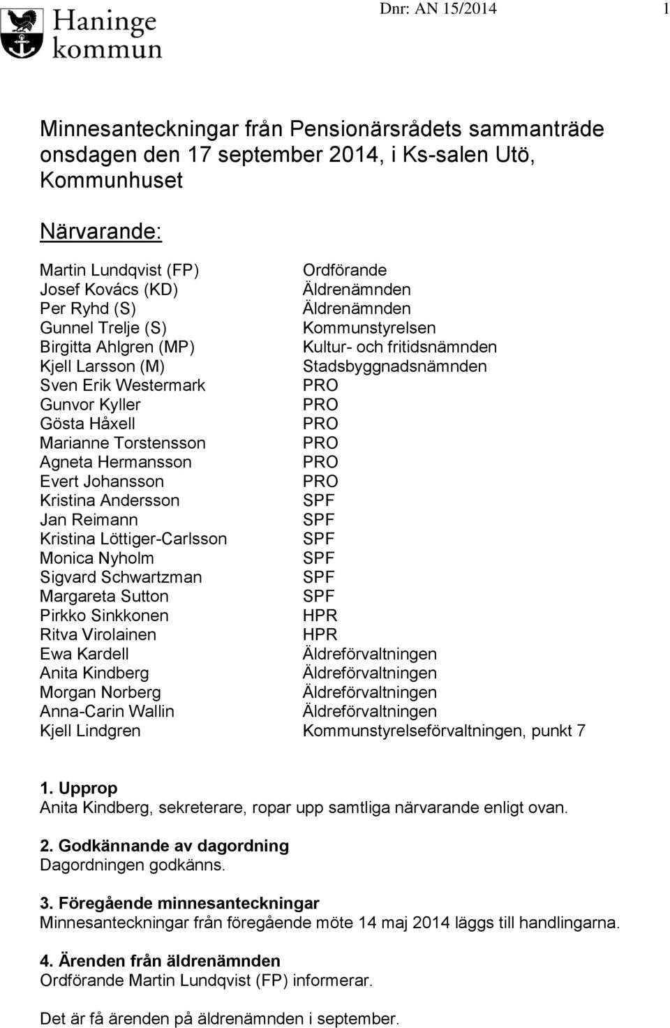 Gösta Håxell Marianne Torstensson Agneta Hermansson Evert Johansson Kristina Andersson Jan Reimann Kristina Löttiger-Carlsson Monica Nyholm Sigvard Schwartzman Margareta Sutton Pirkko Sinkkonen HPR