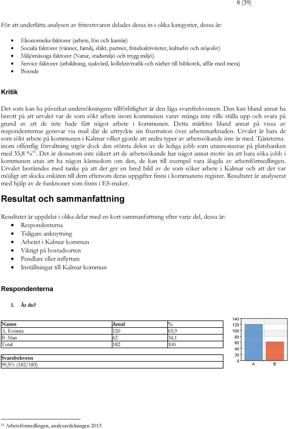 Service faktorer (utbildning, sjukvård, kollektivtrafik och närhet till bibliotek, affär med mera) Boende Kritik Det som kan ha påverkat undersökningens tillförlitlighet är den låga svarsfrekvensen.