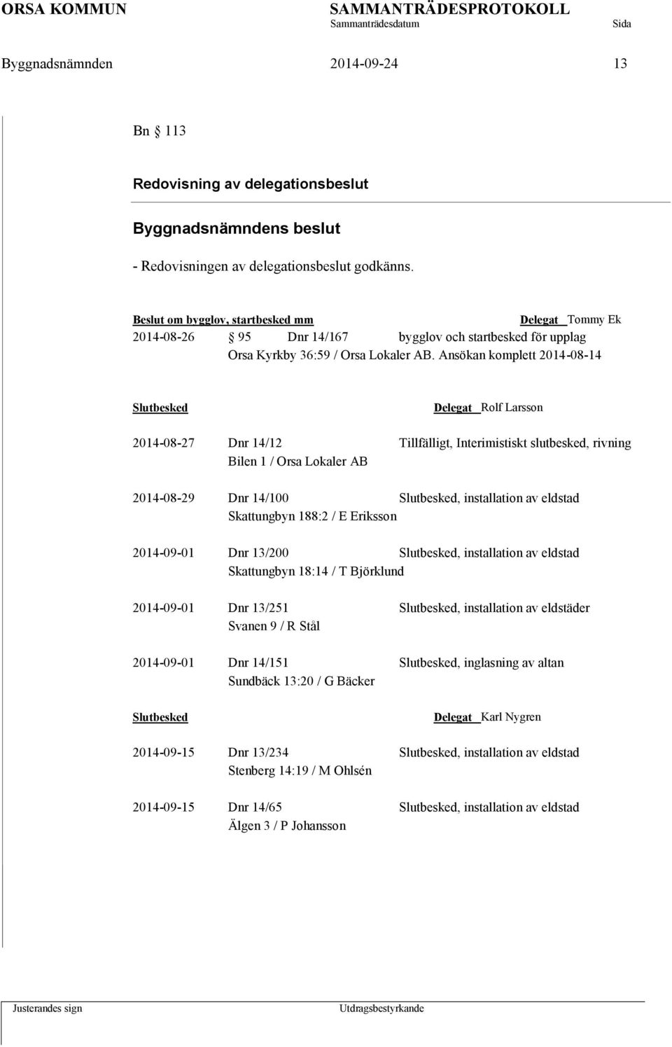 Ansökan komplett 2014-08-14 Slutbesked Delegat Rolf Larsson 2014-08-27 Dnr 14/12 Tillfälligt, Interimistiskt slutbesked, rivning Bilen 1 / Orsa Lokaler AB 2014-08-29 Dnr 14/100 Slutbesked,
