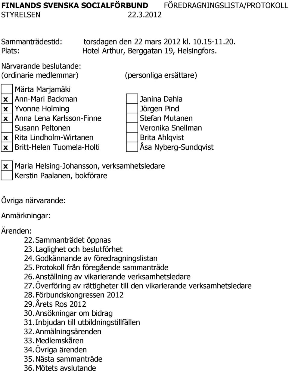 (personliga ersättare) Janina Dahla Jörgen Pind Stefan Mutanen Veronika Snellman Brita Ahlqvist Åsa Nyberg-Sundqvist x Maria Helsing-Johansson, verksamhetsledare Kerstin Paalanen, bokförare Övriga