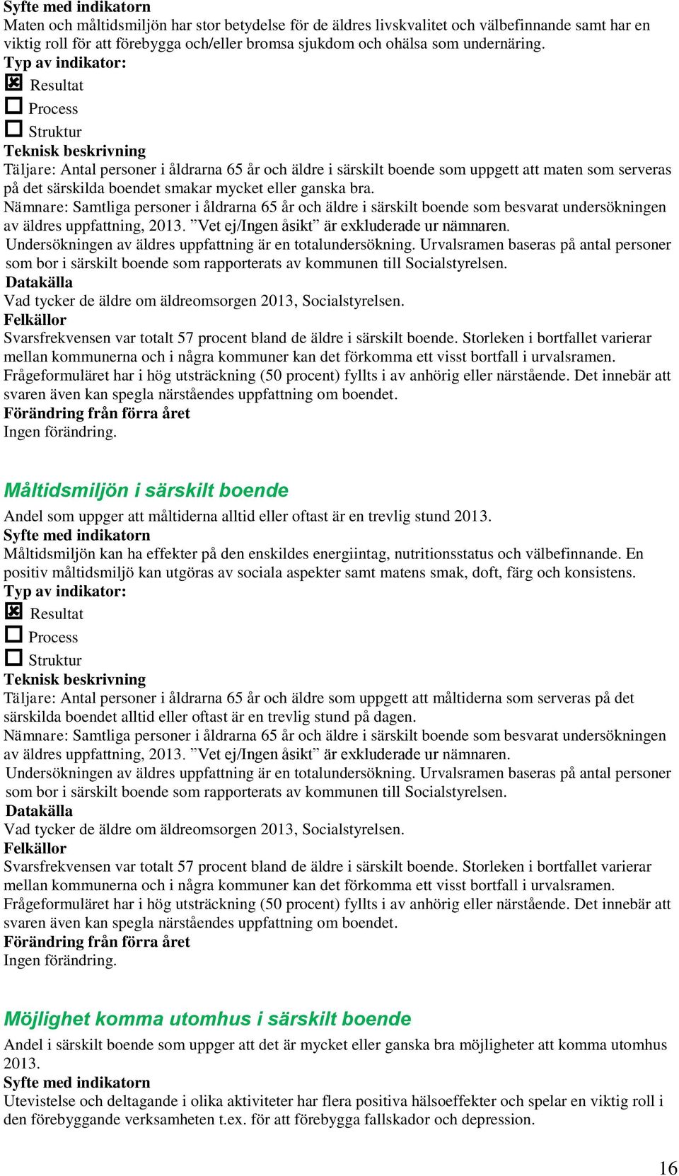 Nämnare: Samtliga personer i åldrarna 65 år och äldre i särskilt boende som besvarat undersökningen av äldres uppfattning, 2013. Vet ej/ingen åsikt är exkluderade ur nämnaren.