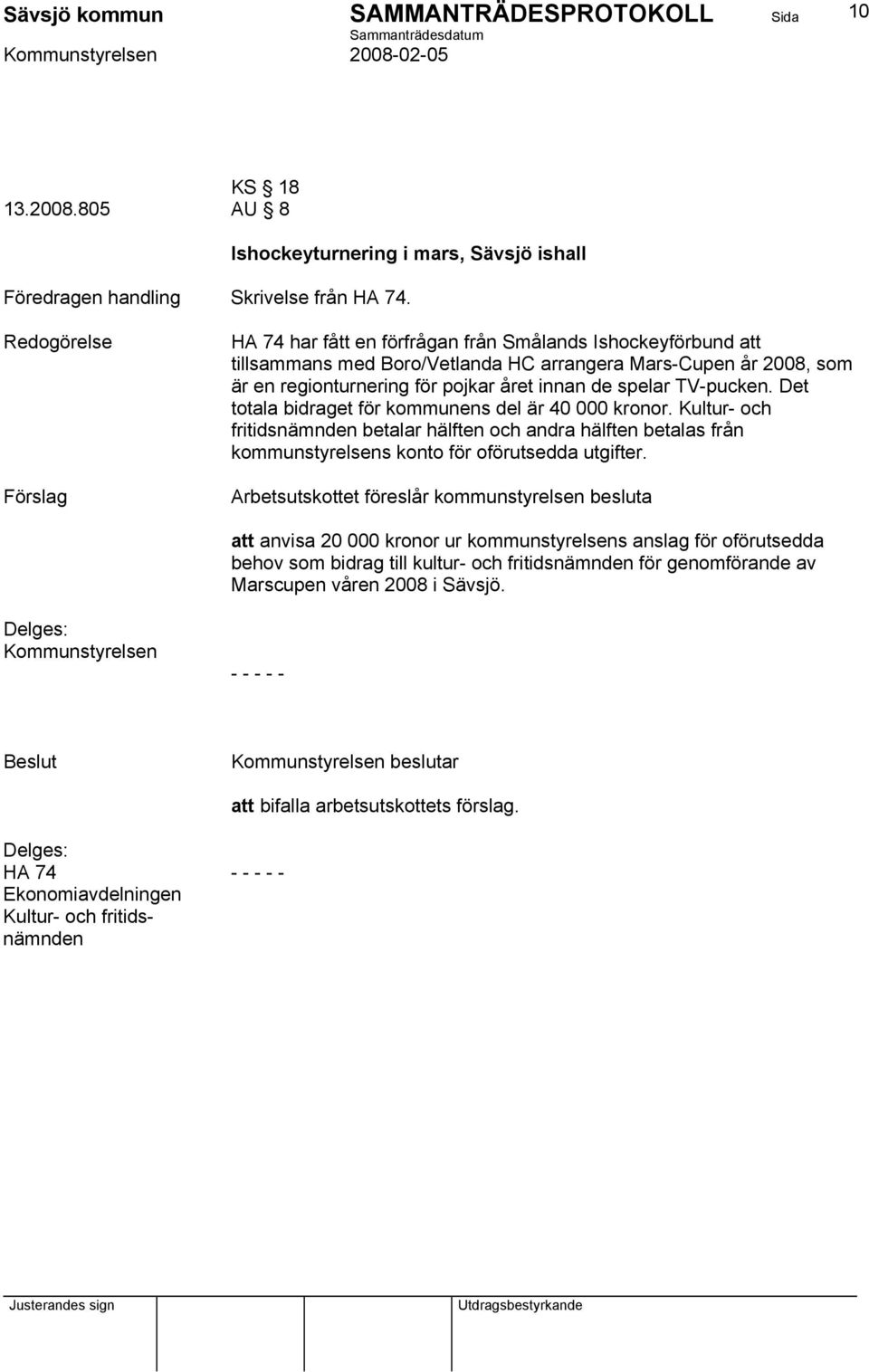 Det totala bidraget för kommunens del är 40 000 kronor. Kultur- och fritidsnämnden betalar hälften och andra hälften betalas från kommunstyrelsens konto för oförutsedda utgifter.