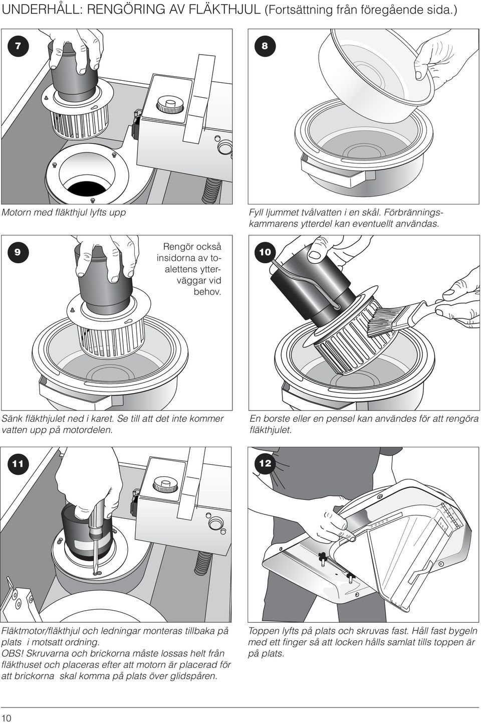 En borste eller en pensel kan användes för att rengöra fläkthjulet. 11 12 Fläktmotor/fläkthjul och ledningar monteras tillbaka på plats i motsatt ordning. OBS!