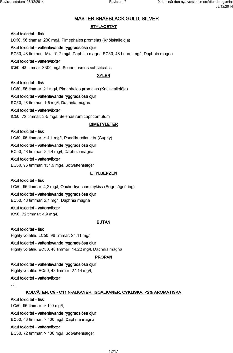 promelas (Knölskallelöja) Akut toxicitet - vattenlevande ryggradslösa djur EC50, 48 timmar: 1-5 mg/l, Daphnia magna Akut toxicitet - vattenväxter IC50, 72 timmar: 3-5 mg/l, Selenastrum capricornutum