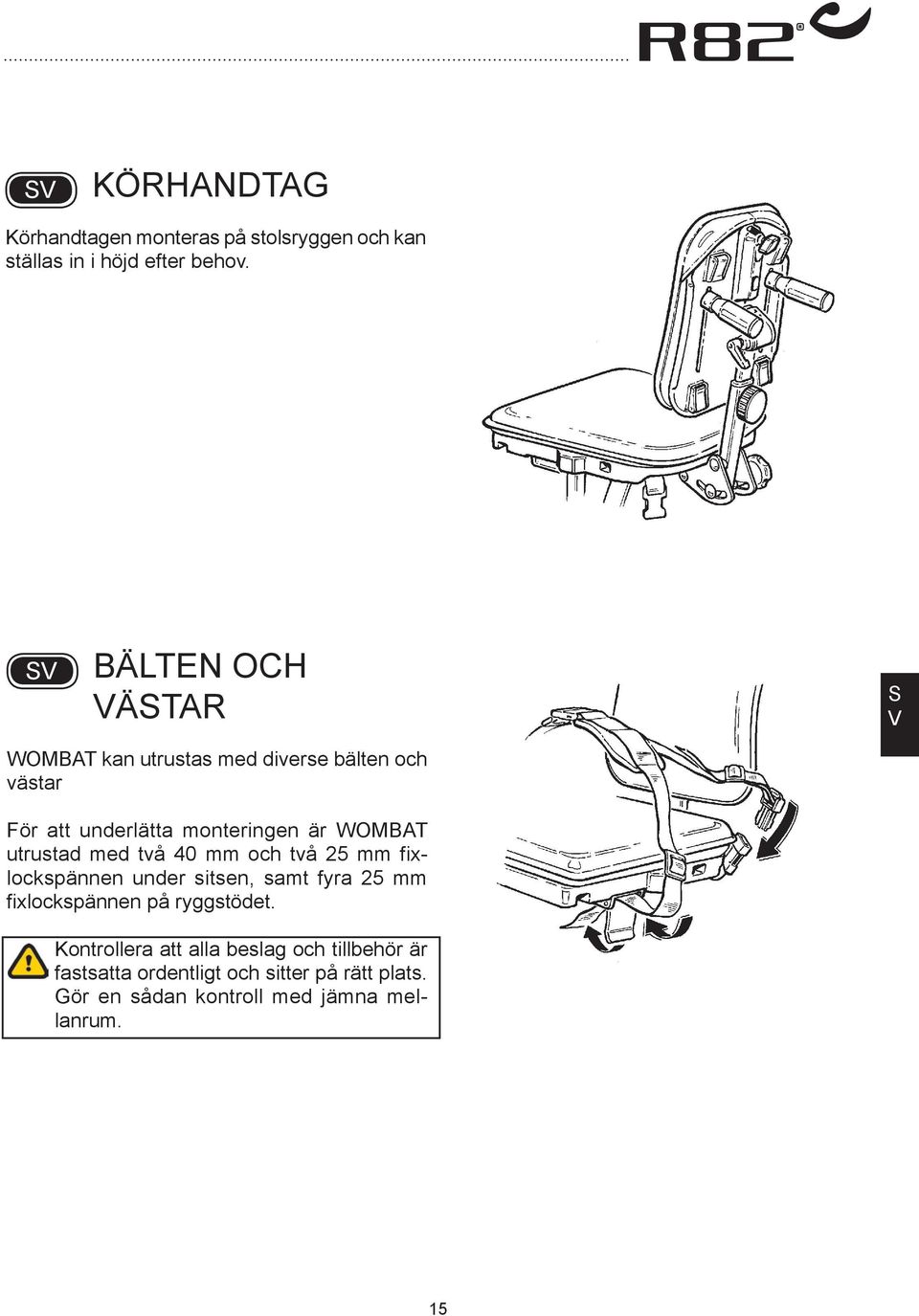 med två 40 mm och två 25 mm fixlockspännen under sitsen, samt fyra 25 mm fixlockspännen på ryggstödet.