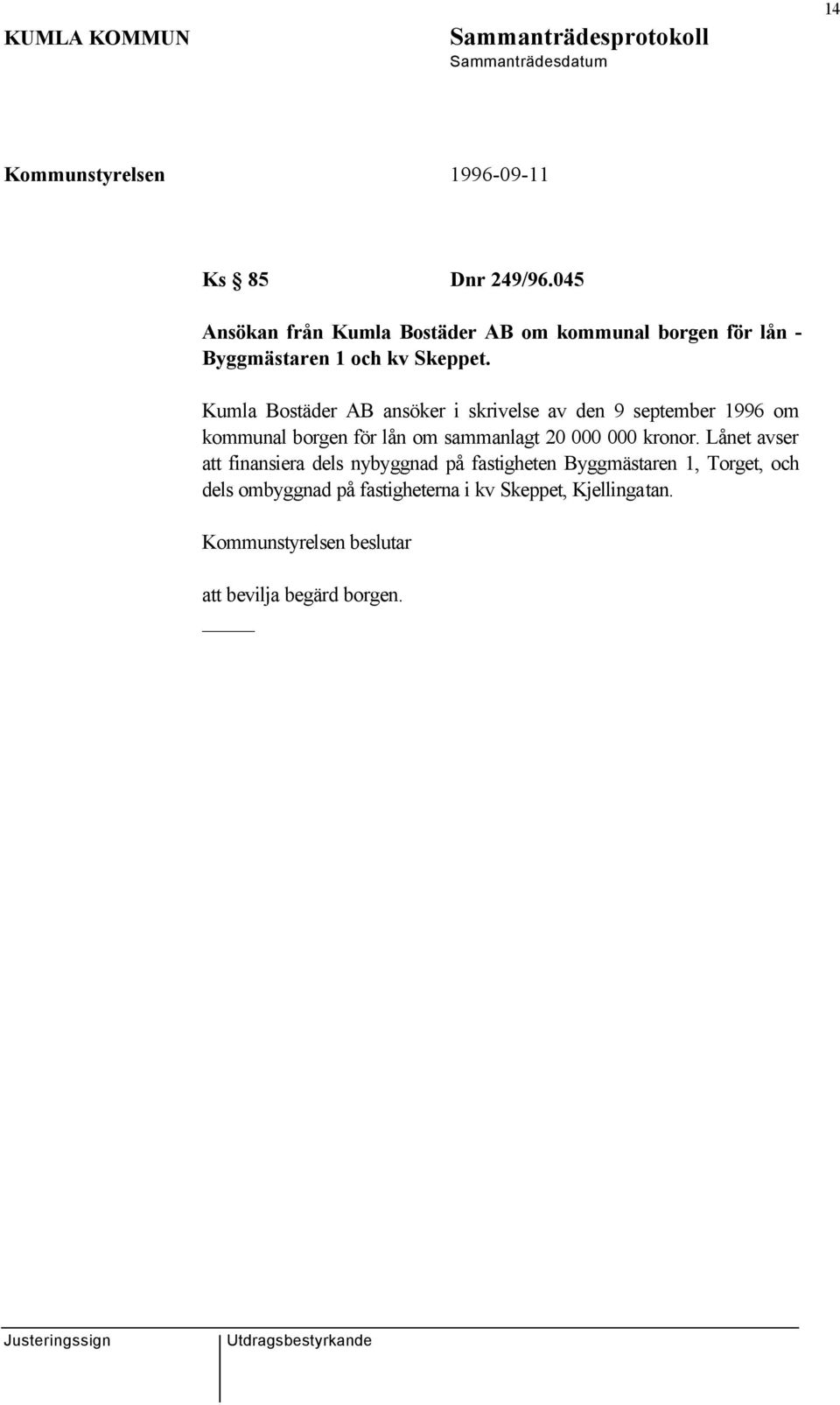 Kumla Bostäder AB ansöker i skrivelse av den 9 september 1996 om kommunal borgen för lån om