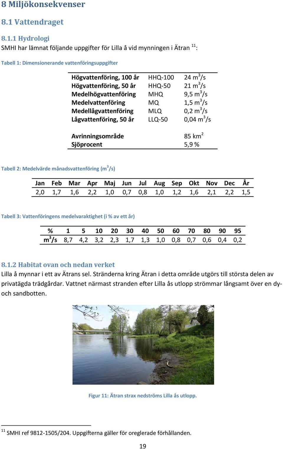 1 Hydrologi SMHI har lämnat följande uppgifter för Lilla å vid mynningen i Ätran 11 : Tabell 1: Dimensionerande vattenföringsuppgifter Högvattenföring, 100 år HHQ-100 24 m 3 /s Högvattenföring, 50 år