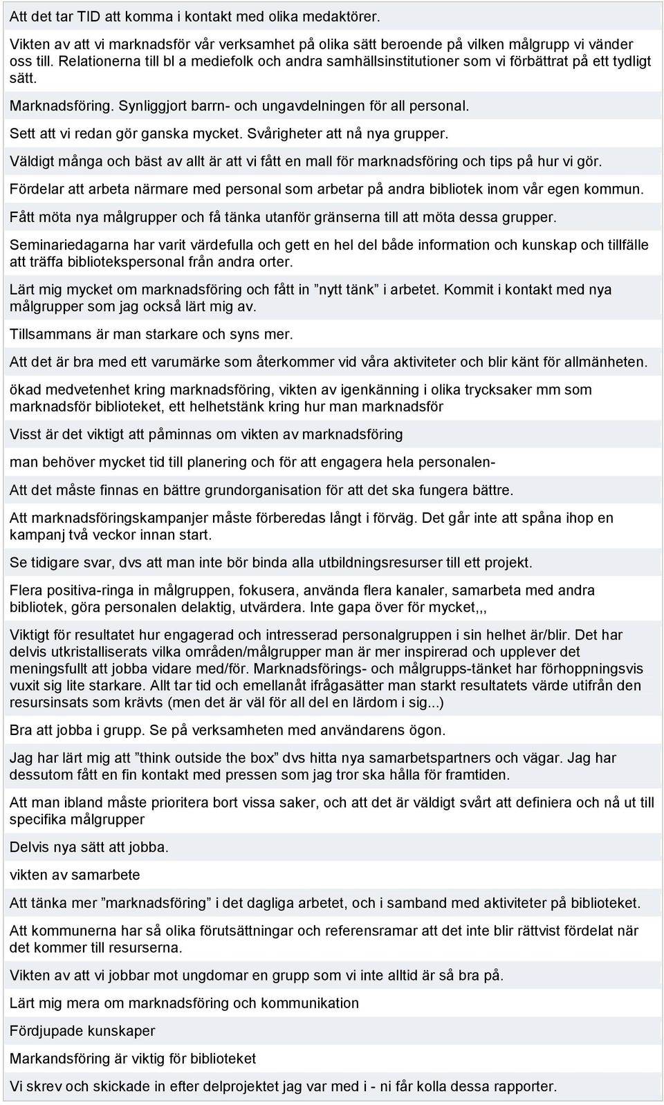 Sett att vi redan gör ganska mycket. Svårigheter att nå nya grupper. Väldigt många och bäst av allt är att vi fått en mall för marknadsföring och tips på hur vi gör.