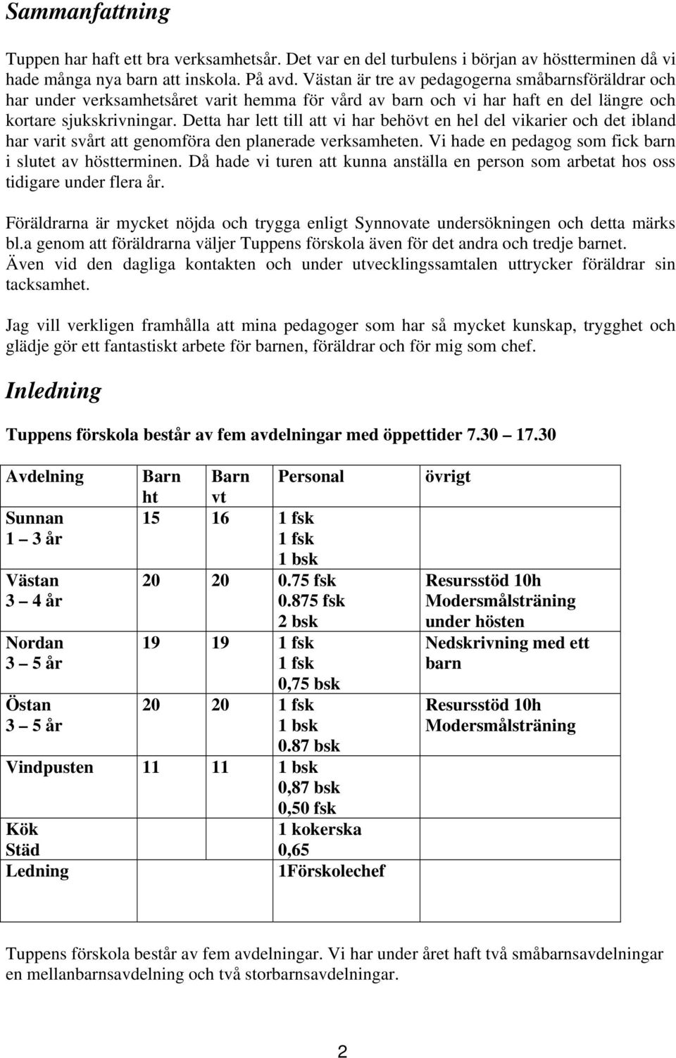 Detta har lett till att vi har behövt en hel del vikarier och det ibland har varit svårt att genomföra den planerade verksamheten. Vi hade en pedagog som fick barn i slutet av höstterminen.