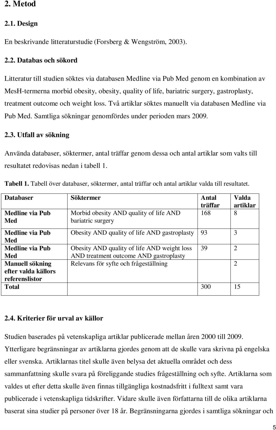 Samtliga sökningar genomfördes under perioden mars 2009. 2.3.