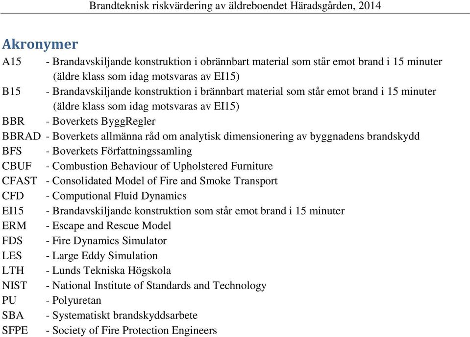 Boverkets Författningssamling CBUF - Combustion Behaviour of Upholstered Furniture CFAST - Consolidated Model of Fire and Smoke Transport CFD - Computional Fluid Dynamics EI15 - Brandavskiljande