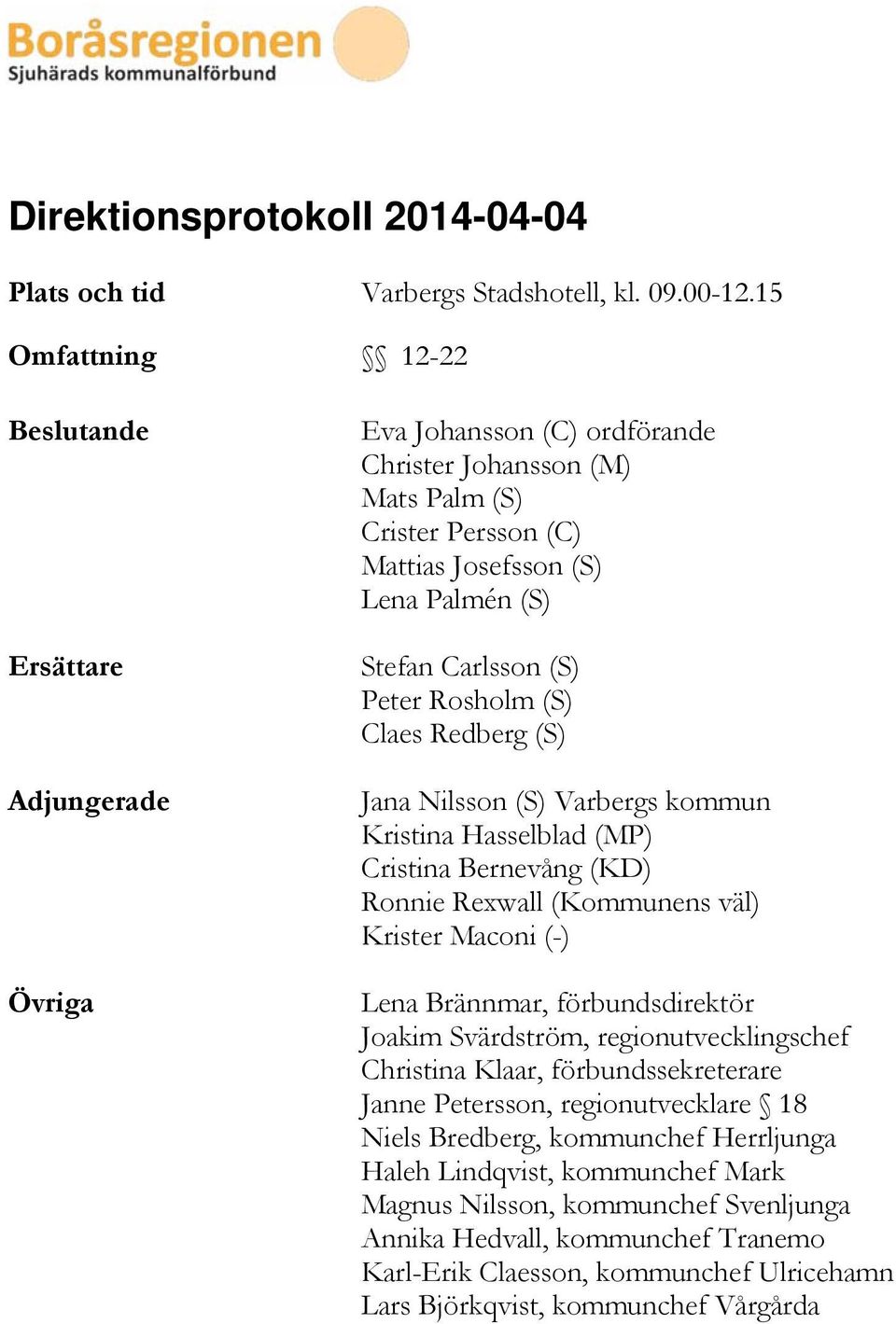 Carlsson (S) Peter Rosholm (S) Claes Redberg (S) Jana Nilsson (S) Varbergs kommun Kristina Hasselblad (MP) Cristina Bernevång (KD) Ronnie Rexwall (Kommunens väl) Krister Maconi (-) Lena Brännmar,