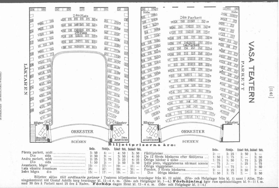 ..' Ofriga väggplatser... l -: 50 -: 75 1: - 1 1:sta vänstra Avantscen... Fonden, 3 första bänkarna...:... 2: - 2: 25 i 2: 50 : 2:dra högra d:o... D:o öfriga bankar.