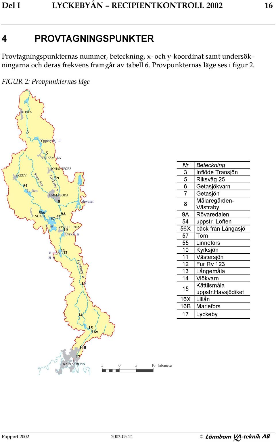 FIGUR 2: Provpunkternas läge KOSTA Yggerydsj n SKRUV Bjurb cken Lften L NGASJ ERIKSM LA JOHANSFORS Lyckeby n EMMABODA Trn Nr Beteckning 3 Inflöde Transjön 5 Riksväg 25 6 Getasjökvarn 7