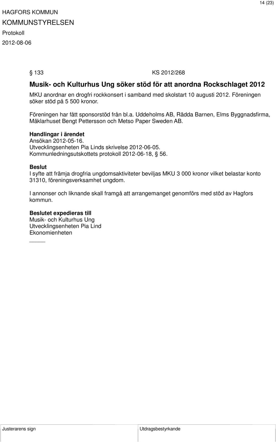Ansökan 2012-05-16. Utvecklingsenheten Pia Linds skrivelse 2012-06-05. Kommunledningsutskottets protokoll 2012-06-18, 56.