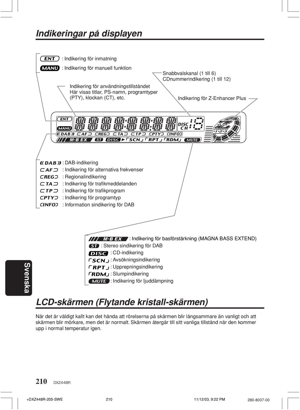 trafikmeddelanden : Indikering för trafikprogram : Indikering för programtyp : Information sindikering för DAB : Indikering för basförstärkning (MAGNA BASS EXTEND) : Stereo sindikering för DAB :