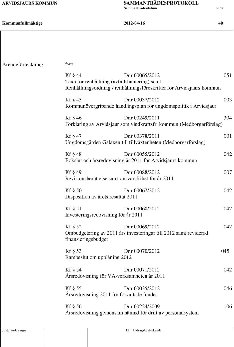 för ungdomspolitik i Arvidsjaur Kf 46 Dnr 00249/2011 304 Förklaring av Arvidsjaur som vindkraftsfri kommun (Medborgarförslag) Kf 47 Dnr 00378/2011 001 Ungdomsgården Galaxen till tillväxtenheten