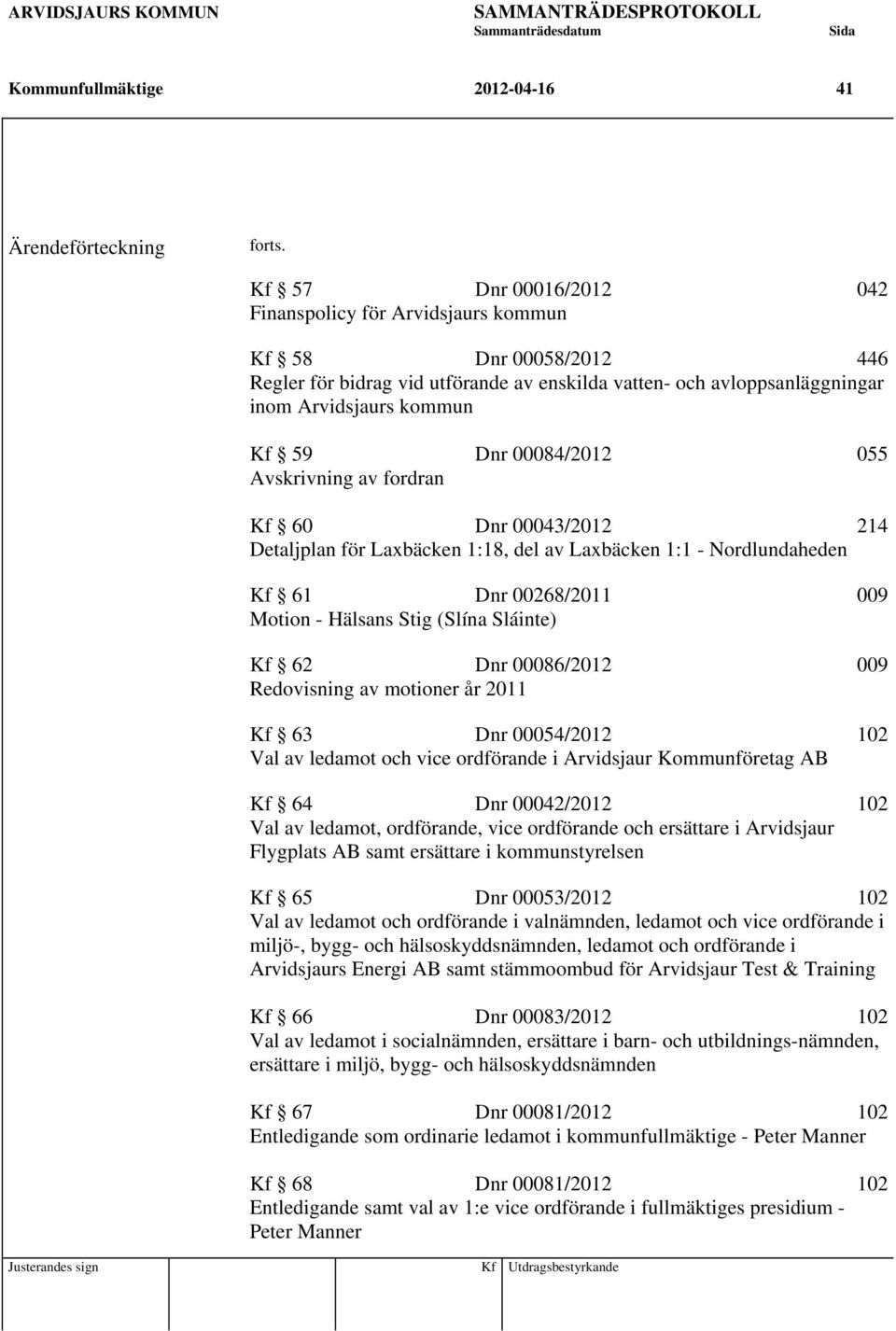 00084/2012 055 Avskrivning av fordran Kf 60 Dnr 00043/2012 214 Detaljplan för Laxbäcken 1:18, del av Laxbäcken 1:1 - Nordlundaheden Kf 61 Dnr 00268/2011 009 Motion - Hälsans Stig (Slína Sláinte) Kf