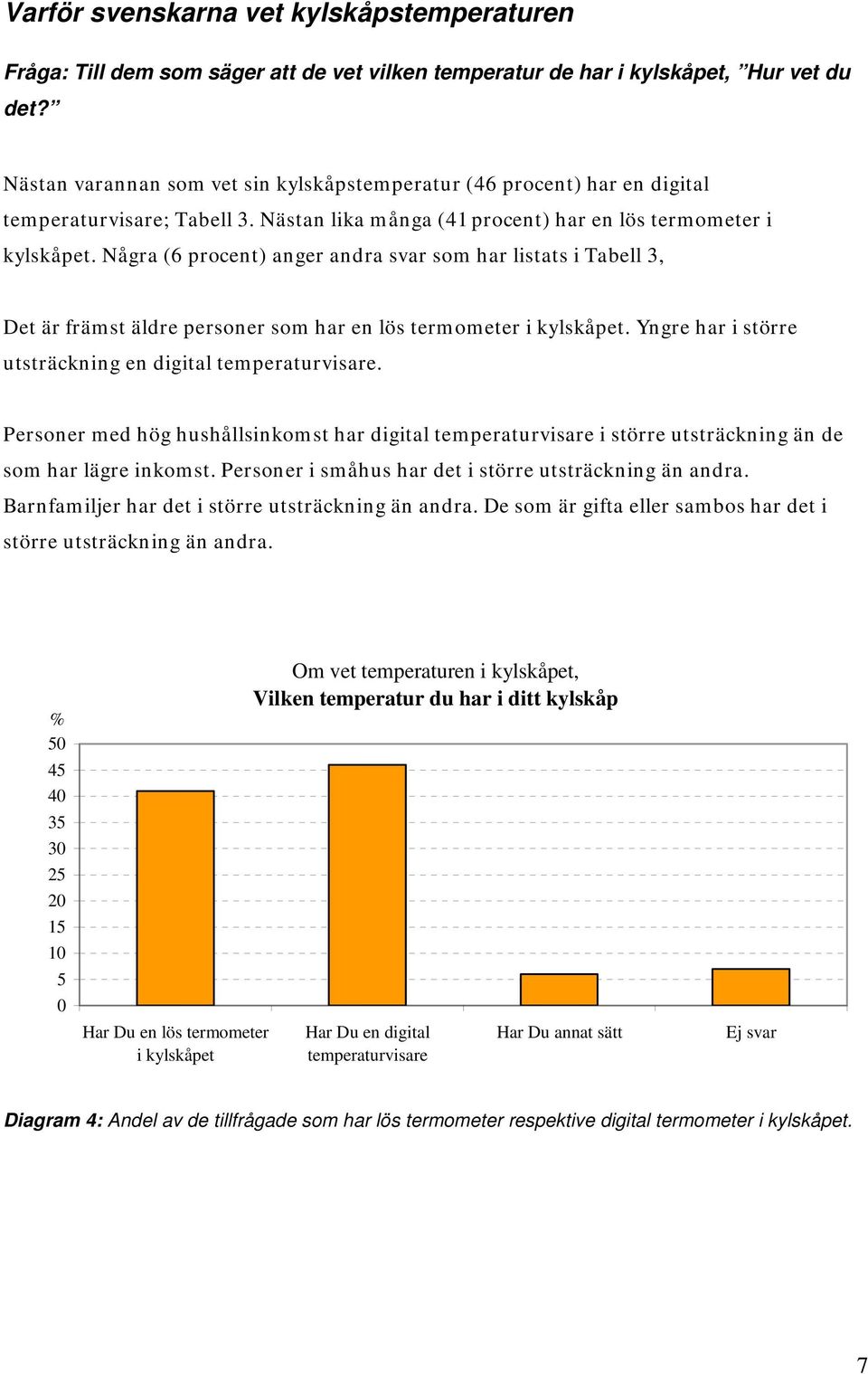 Några (6 procent) anger andra svar som har listats i Tabell 3, Det är främst äldre personer som har en lös termometer i kylskåpet. Yngre har i större utsträckning en digital temperaturvisare.