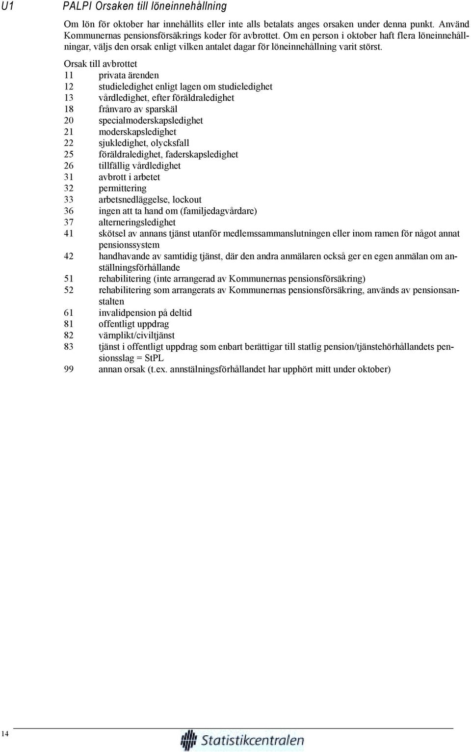 Orsak till avbrottet 11 privata ärenden 12 studieledighet enligt lagen om studieledighet 13 vårdledighet, efter föräldraledighet 18 frånvaro av sparskäl 20 specialmoderskapsledighet 21