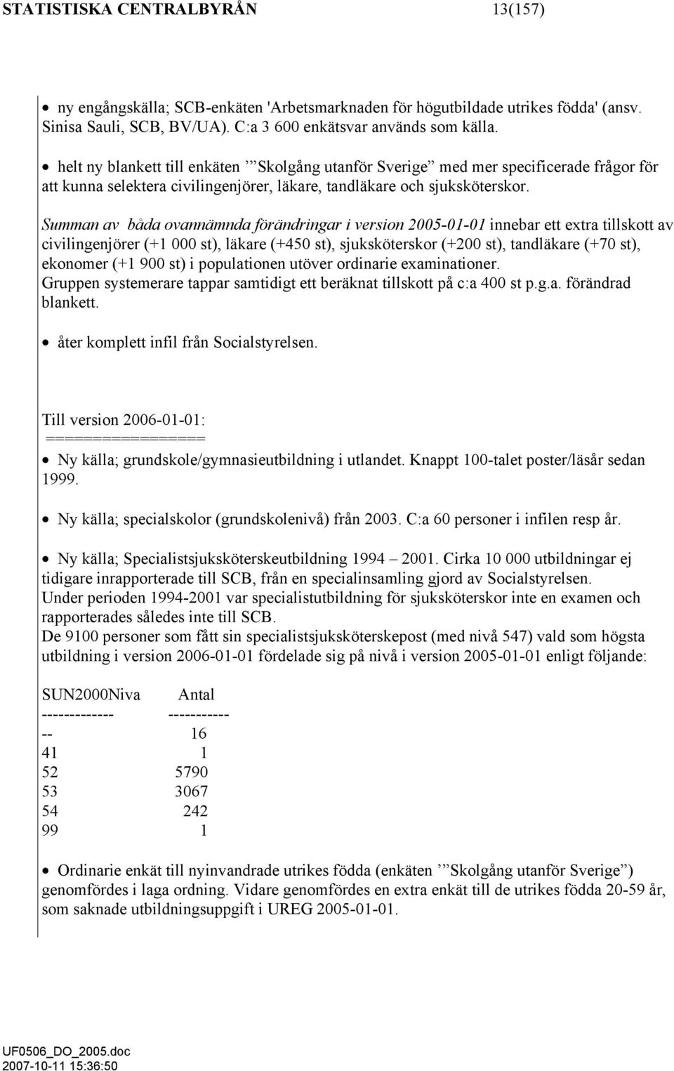 Summan av båda ovannämnda förändringar i version 2005-01-01 innebar ett extra tillskott av civilingenjörer (+1 000 st), läkare (+450 st), sjuksköterskor (+200 st), tandläkare (+70 st), ekonomer (+1