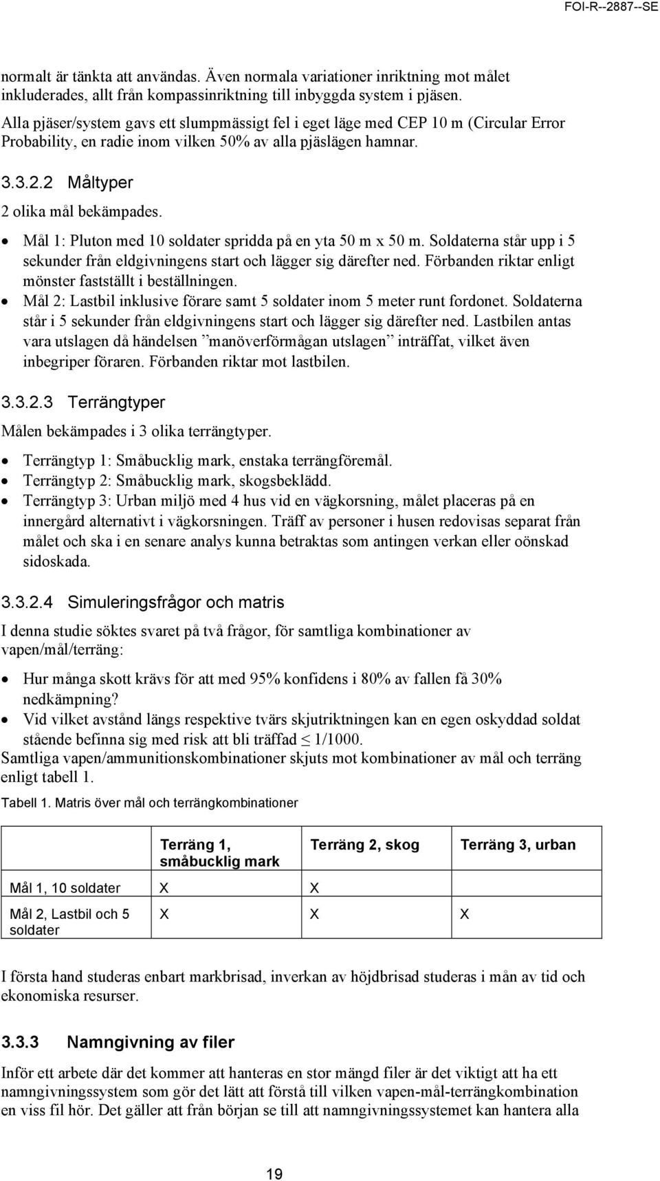 Mål 1: Pluton med 10 soldater spridda på en yta 50 m x 50 m. Soldaterna står upp i 5 sekunder från eldgivningens start och lägger sig därefter ned.