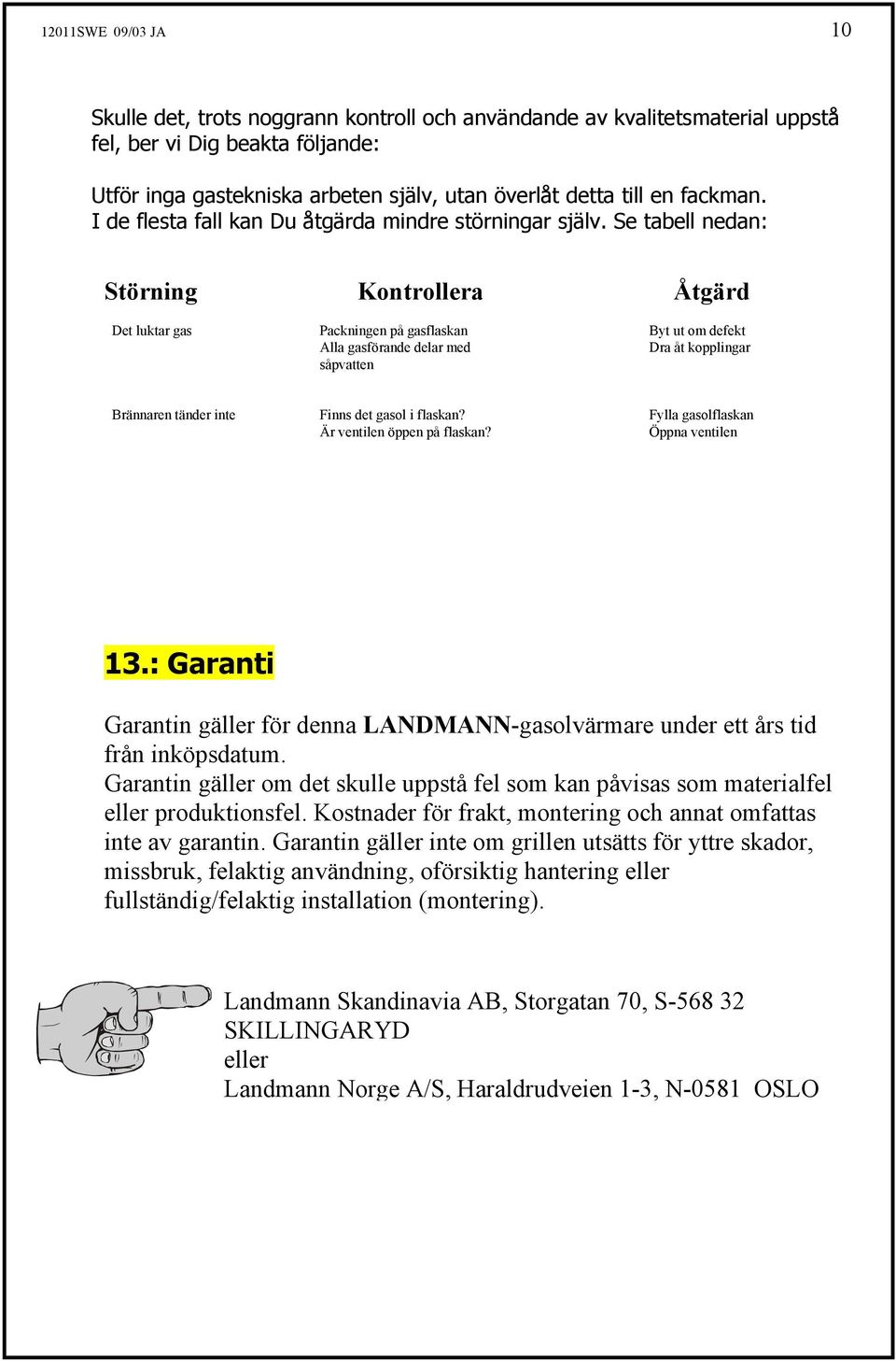 Se tabell nedan: Störning Kontrollera Åtgärd Det luktar gas Packningen på gasflaskan Byt ut om defekt Alla gasförande delar med Dra åt kopplingar såpvatten Brännaren tänder inte Finns det gasol i