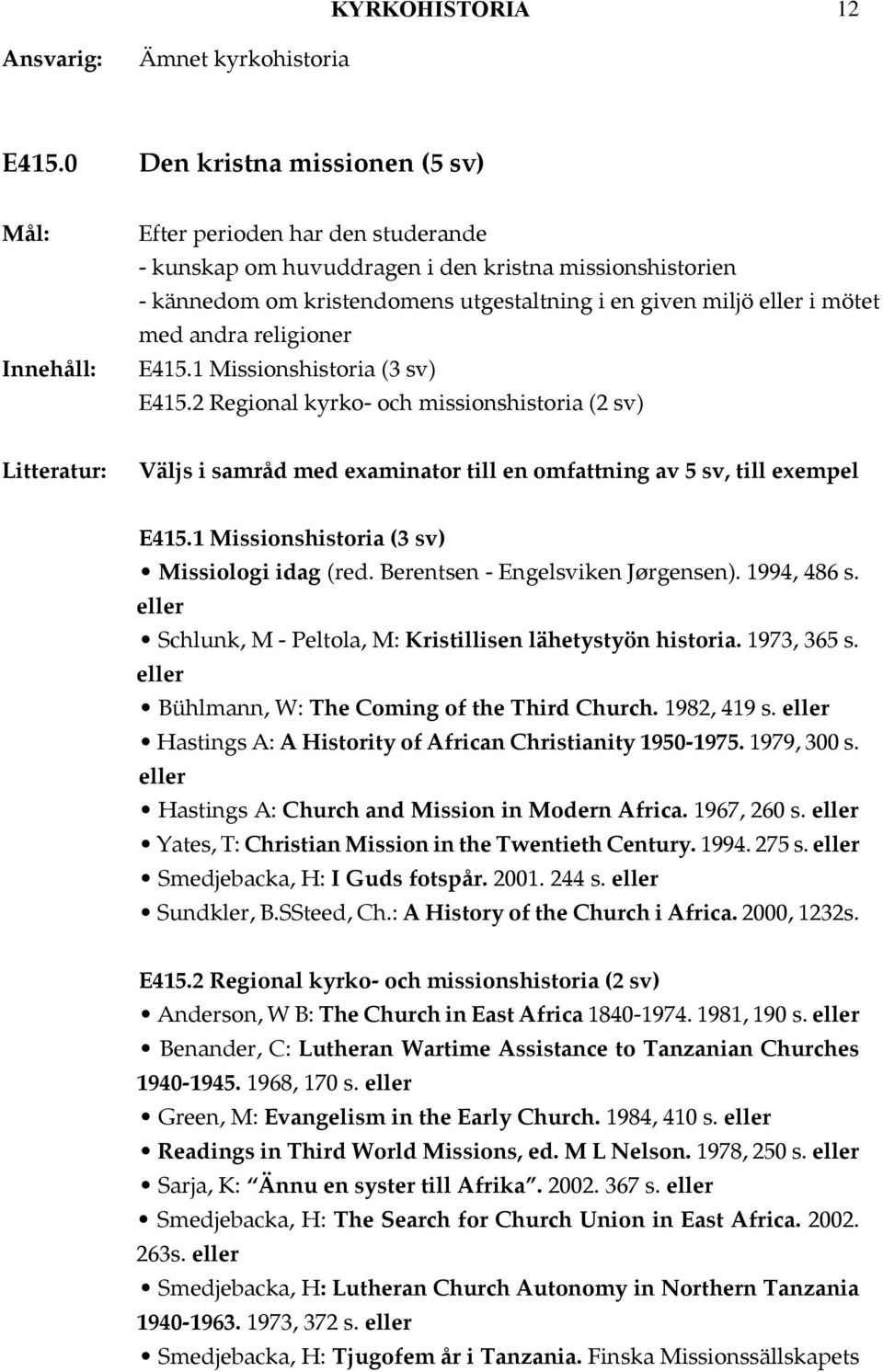 1 Missionshistoria (3 sv) E415.2 Regional kyrko- och missionshistoria (2 sv) Väljs i samråd med examinator till en omfattning av 5 sv, till exempel E415.1 Missionshistoria (3 sv) Missiologi idag (red.