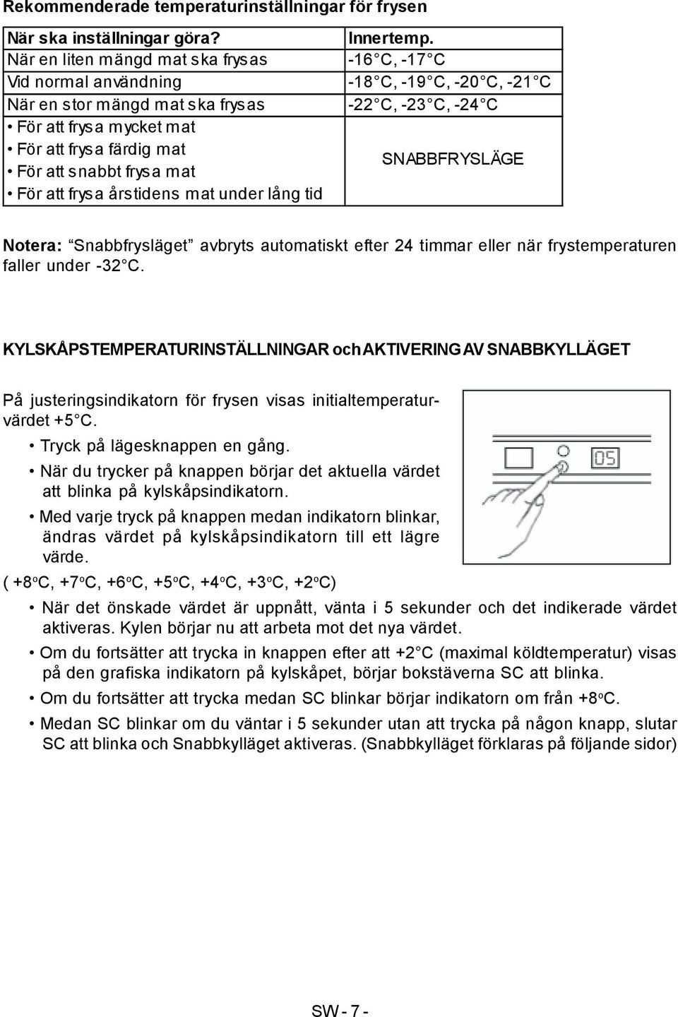 lång tid Innertemp. -16 C, -17 C -18 C, -19 C, -20 C, -21 C -22 C, -23 C, -24 C SNABBFRYSLÄGE Notera: Snabbfrysläget avbryts automatiskt efter 24 timmar eller när frystemperaturen faller under -32 C.