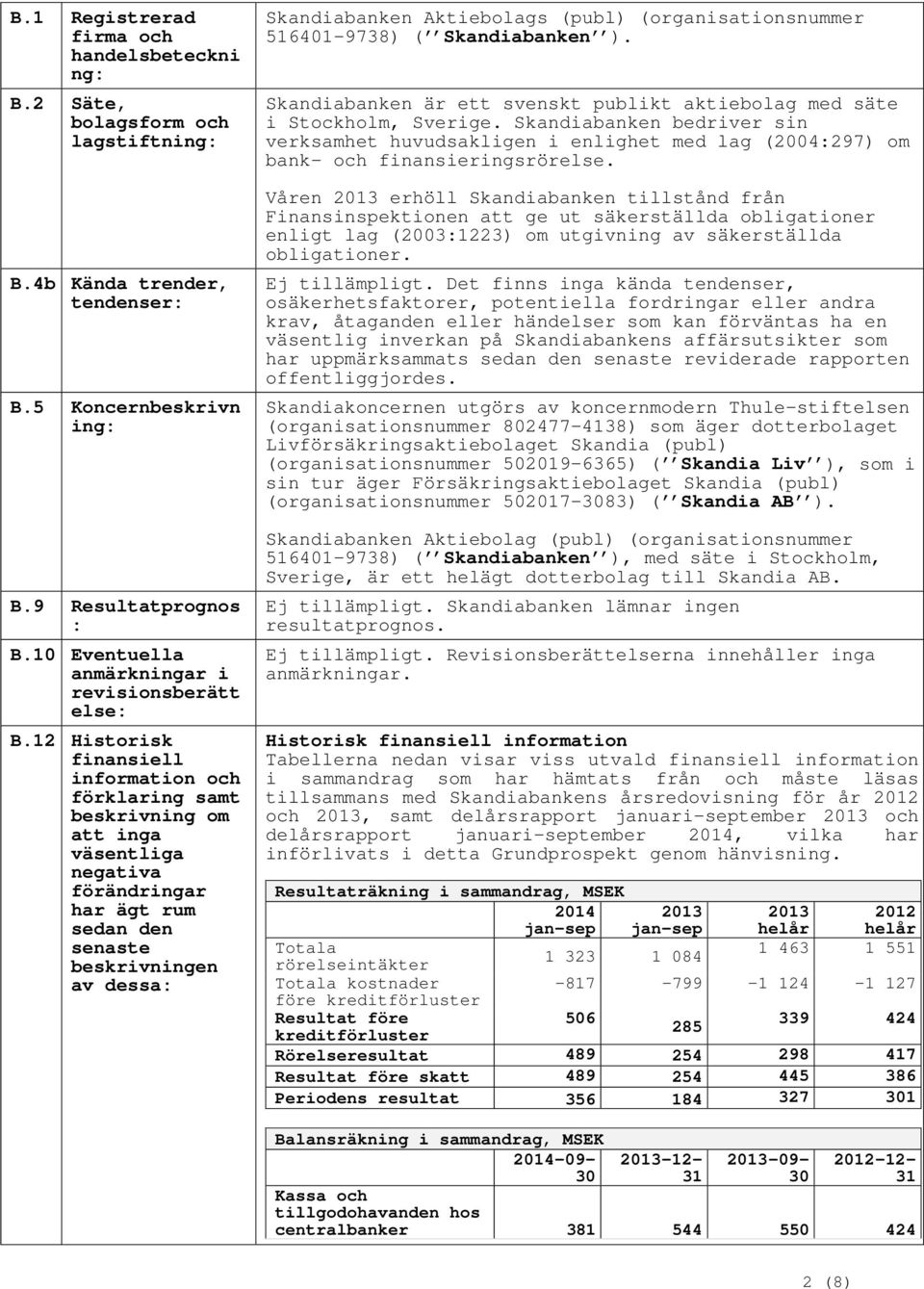 12 Historisk finansiell information och förklaring samt beskrivning om att inga väsentliga negativa förändringar har ägt rum sedan den senaste beskrivningen av dessa: Skandiabanken Aktiebolags (publ)