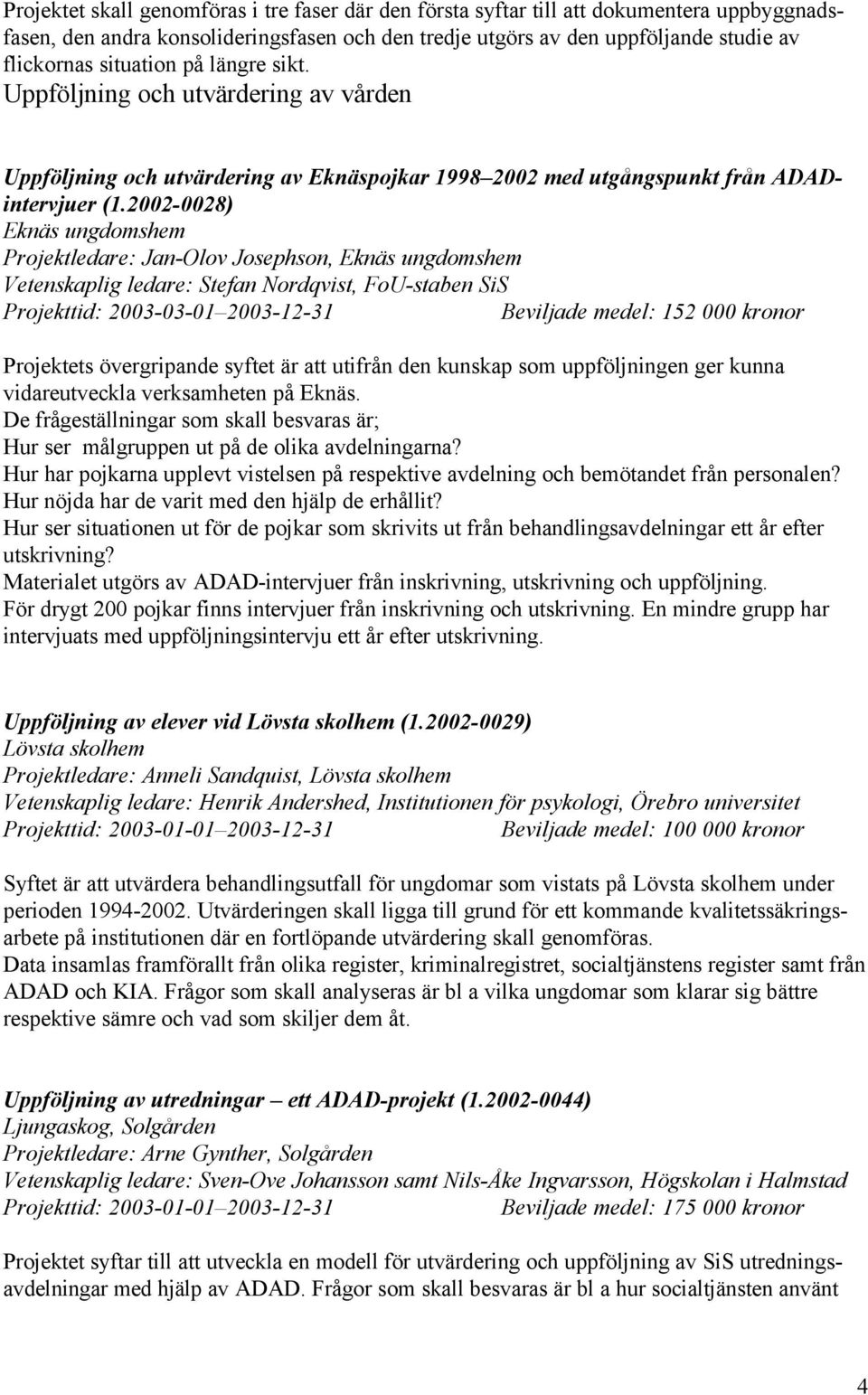 2002-0028) Eknäs ungdomshem Projektledare: Jan-Olov Josephson, Eknäs ungdomshem Vetenskaplig ledare: Stefan Nordqvist, FoU-staben SiS Projekttid: 2003-03-01 2003-12-31 Beviljade medel: 152 000 kronor